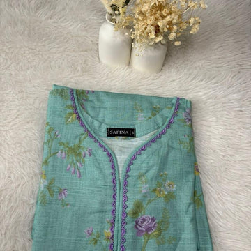 Safina Khaddar 3 Piece Suit turquoise with lilac Lace - Printed Kameez, Plain Trousers & Printed Shawl for Everyday Wear