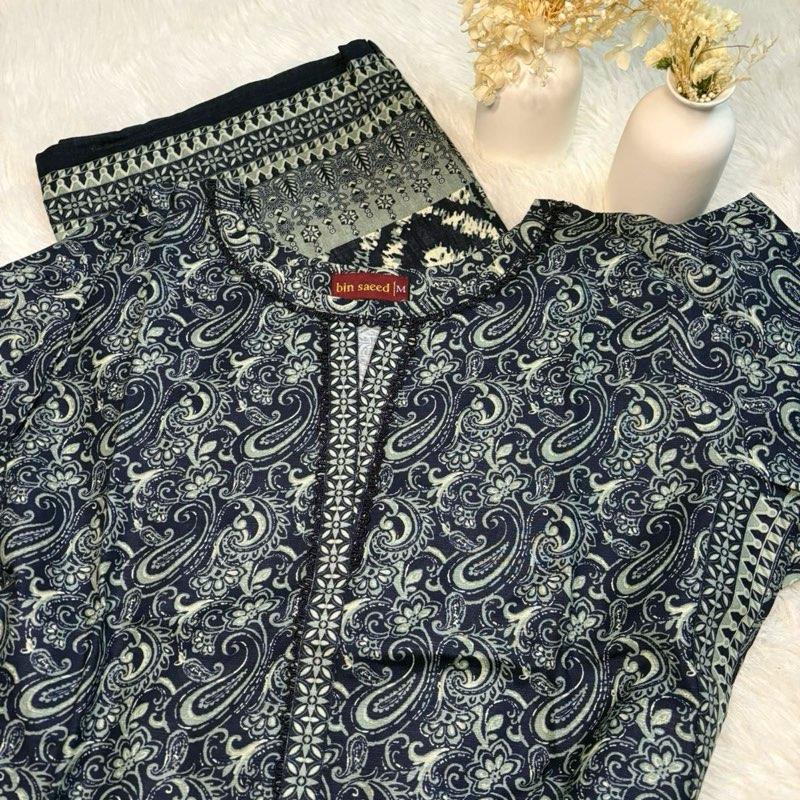 Khaddar Bin Saeed 3 piece navy print  Fabric Print Lace Shawl  Suit Asian Womenswear