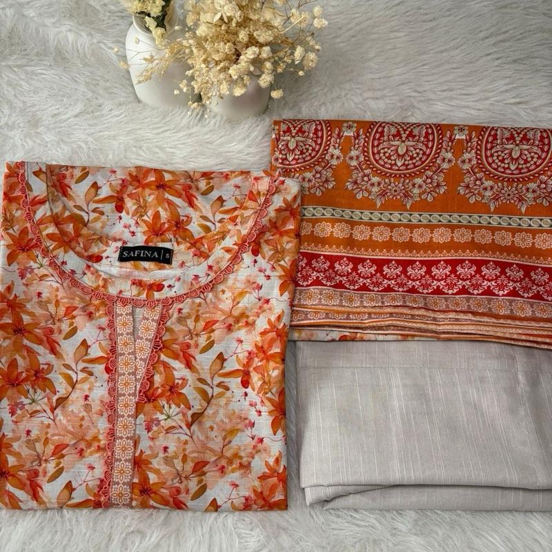 Safina Khaddar 3 Piece Suit with Orange Floral Print Lace Detailing & Patti on Chawk Daman Everyday Women's Wear with Plain Trousers & Printed Shawl Elegant Outfit Style