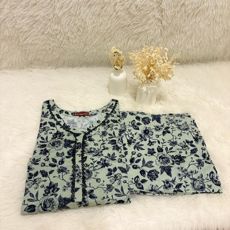 Bin Saeed printed 2 piece co-ord set with navy lace detail Womenswear Floral Matching Palazzo
