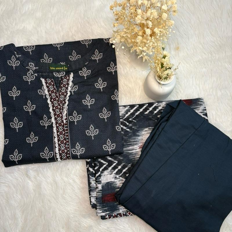 Khaddar Bin Saeed 3 piecewith white lace  Fabric Print Lace Shawl Clothes