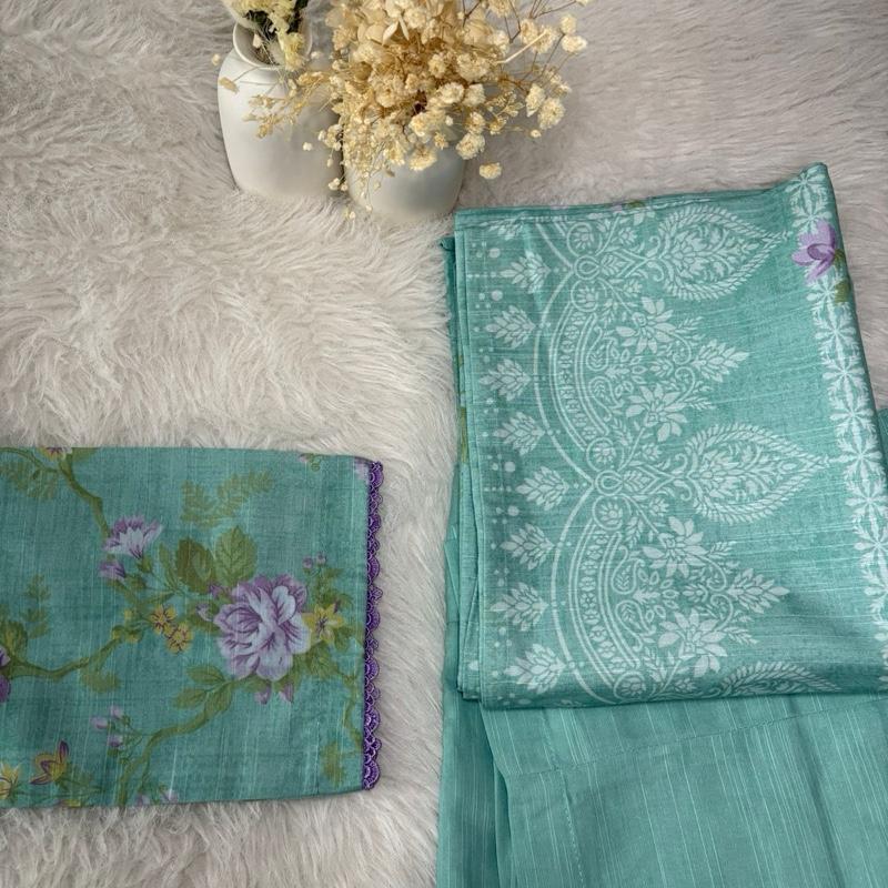 Safina Khaddar 3 Piece Suit turquoise with lilac Lace - Printed Kameez, Plain Trousers & Printed Shawl for Everyday Wear