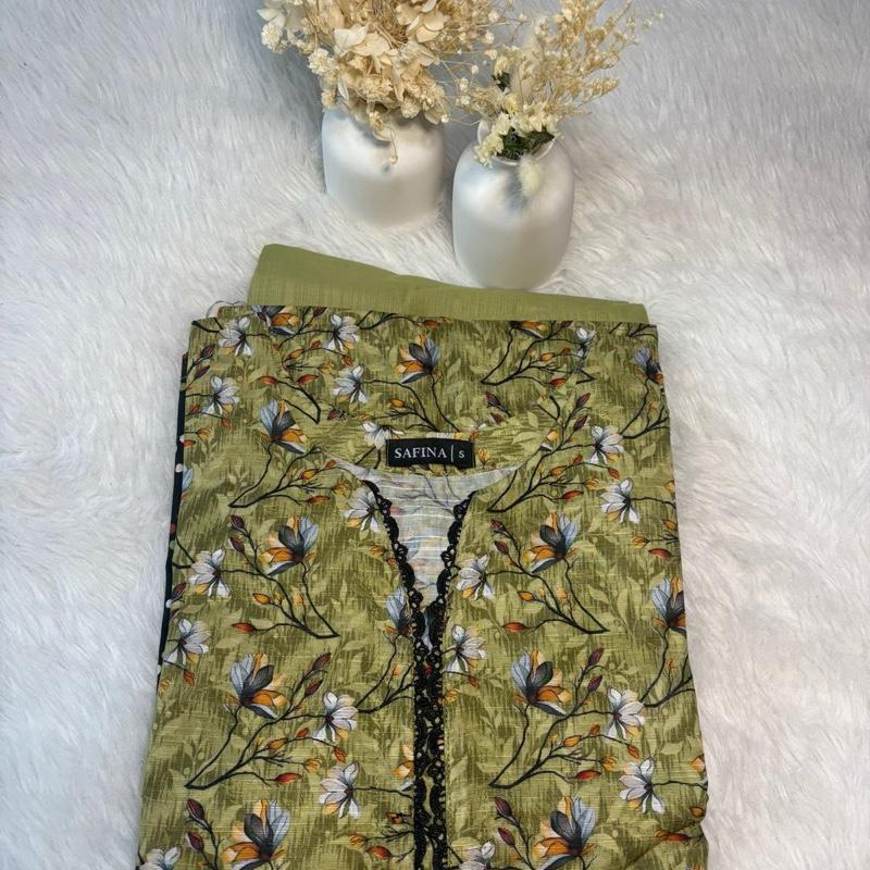 Safina Khaddar 3 Piece Suit Light Green with Black Lace - Printed Kameez, Plain Trousers & Printed Shawl for Everyday Wear