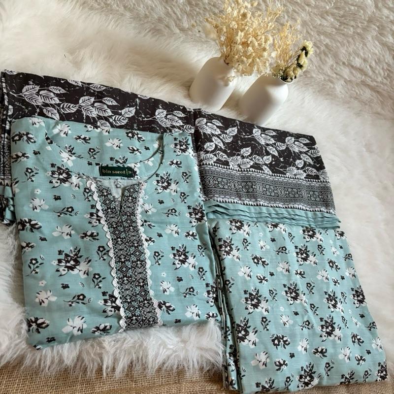 Bin Saeed 3 Piece Soft Khaddar Suit Asian Clothes Elegant Outfit with Matching Flowers Lace Medium Seafoam Green Black White Print Patti on Daman Pallu Pallazzo Shalwaar Matching Shawl