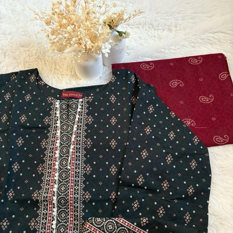 Khaddar Bin Saeed 3 piece green with red  Fabric Print Lace Shawl Womenswear Traditional Clothes