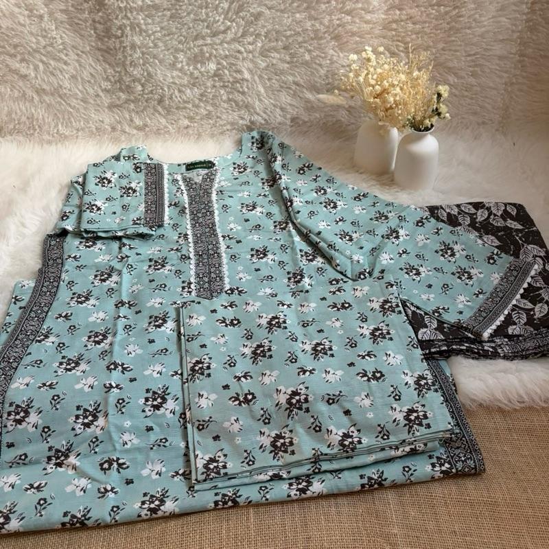 Bin Saeed 3 Piece Soft Khaddar Suit Asian Clothes Elegant Outfit with Matching Flowers Lace Medium Seafoam Green Black White Print Patti on Daman Pallu Pallazzo Shalwaar Matching Shawl