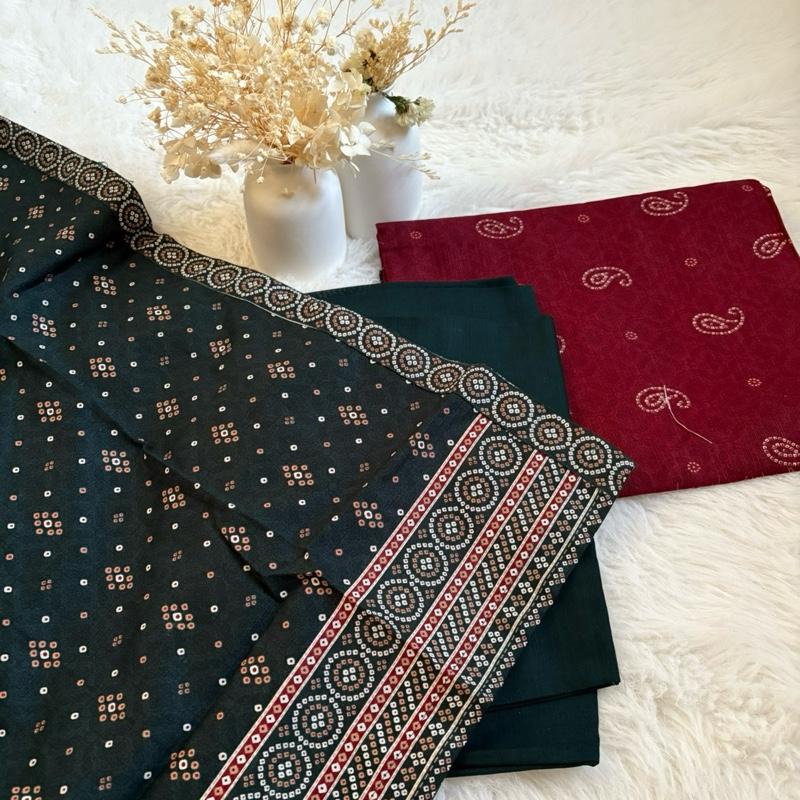 Khaddar Bin Saeed 3 piece green with red  Fabric Print Lace Shawl Womenswear Traditional Clothes