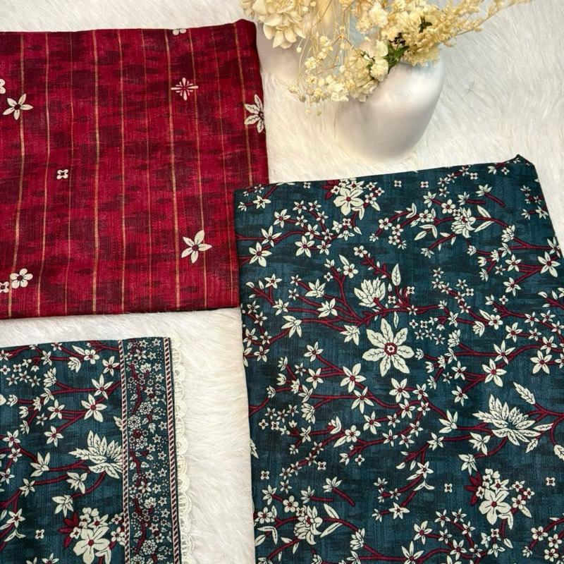 Khaddar Bin Saeed 3 piece green with red, floral print and white lace  Fabric Print Lace Shawl