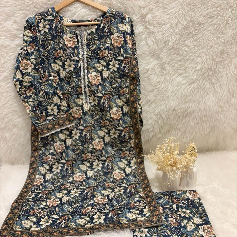 Bin Saeed printed 2 piece co-ord set with white lace detail Womenswear Floral Matching Palazzo