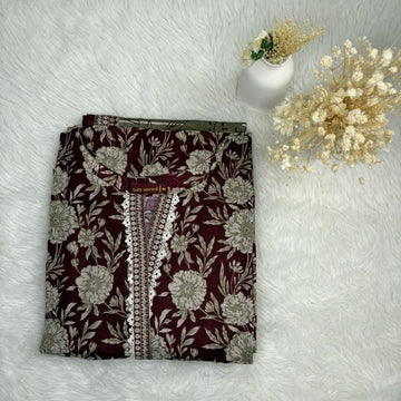 Khaddar Bin Saeed 3 piece black with red floral print  Fabric Print Lace Shawl