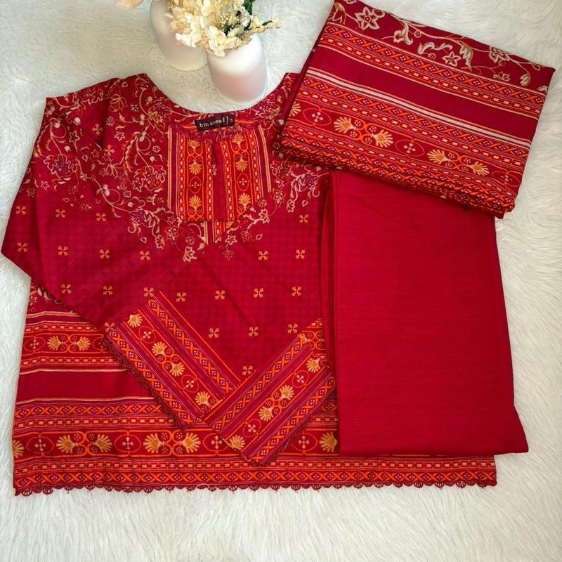 Bin Saeed 3 Piece Khaddar Suit - Vibrant Red Kameez with Lace Detail & Plain Trousers Matching Printed Shawl Set