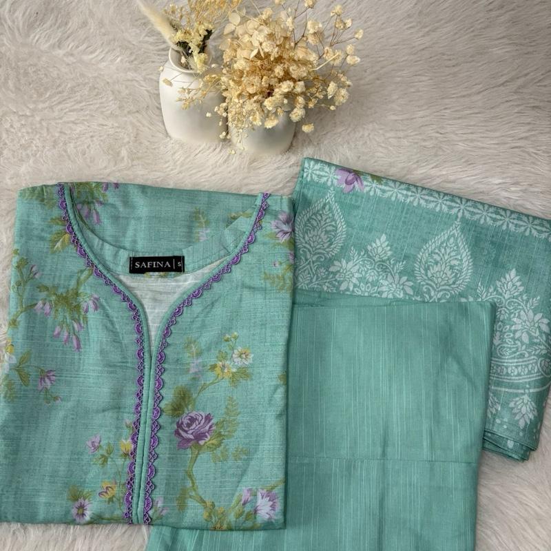 Safina Khaddar 3 Piece Suit turquoise with lilac Lace - Printed Kameez, Plain Trousers & Printed Shawl for Everyday Wear