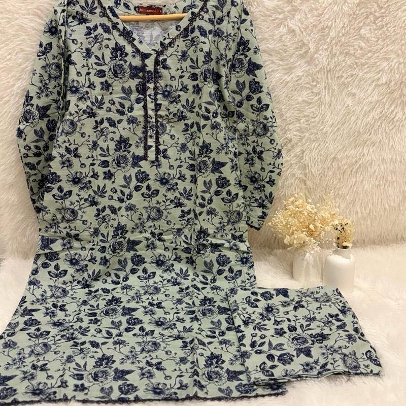 Bin Saeed printed 2 piece co-ord set with navy lace detail Womenswear Floral Matching Palazzo