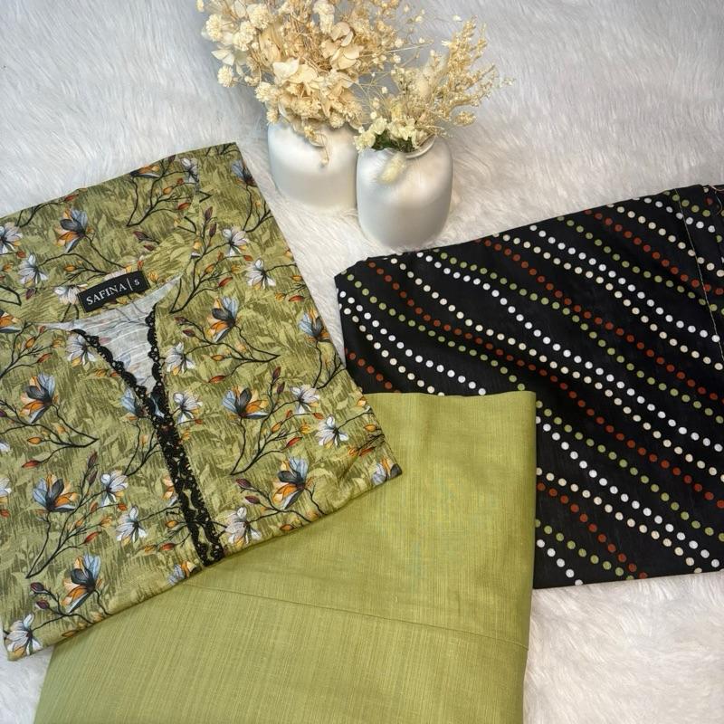 Safina Khaddar 3 Piece Suit Light Green with Black Lace - Printed Kameez, Plain Trousers & Printed Shawl for Everyday Wear