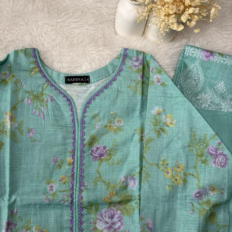 Safina Khaddar 3 Piece Suit turquoise with lilac Lace - Printed Kameez, Plain Trousers & Printed Shawl for Everyday Wear