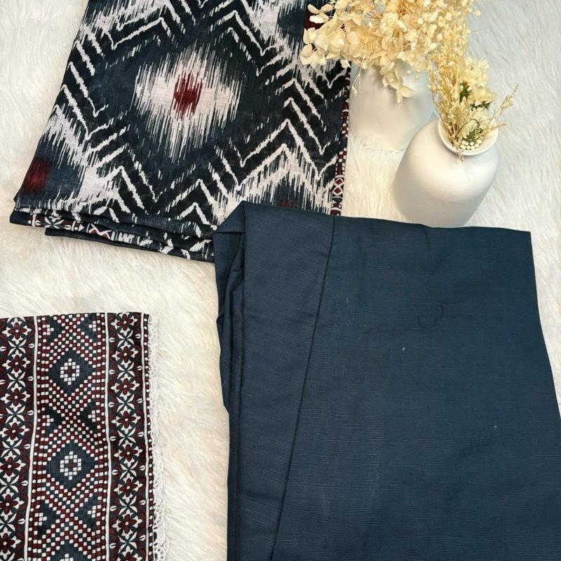 Khaddar Bin Saeed 3 piecewith white lace  Fabric Print Lace Shawl Clothes