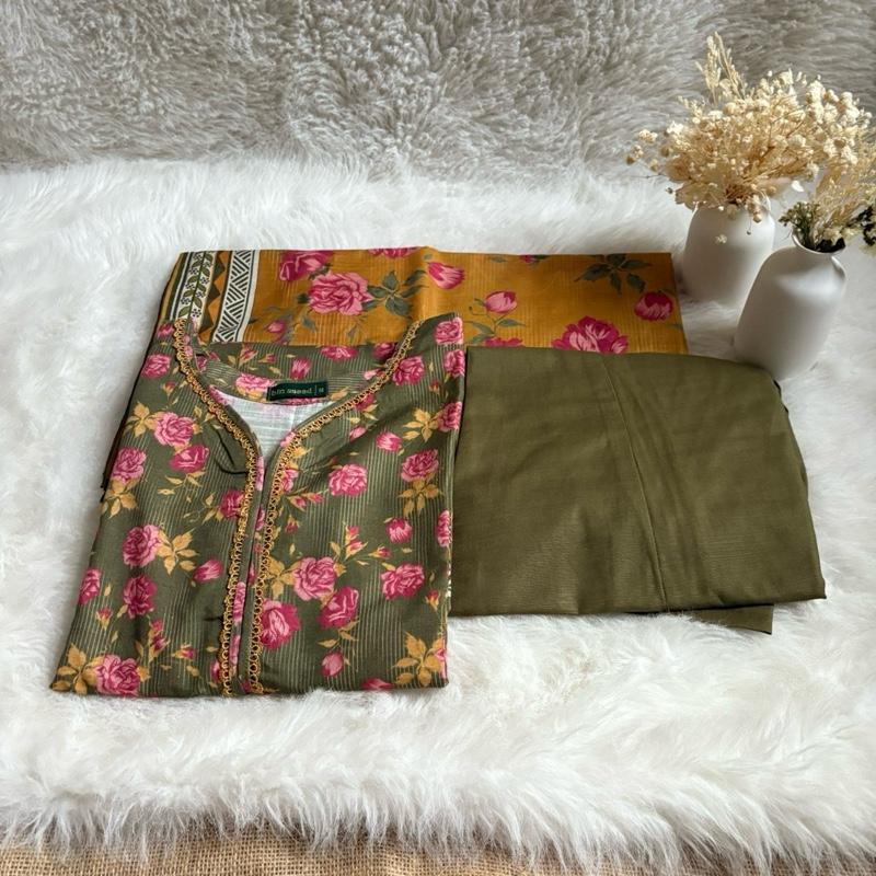 Bin Saeed 3 piece green with pink floral print kameez Asian Elegance Clothes Womenswear
