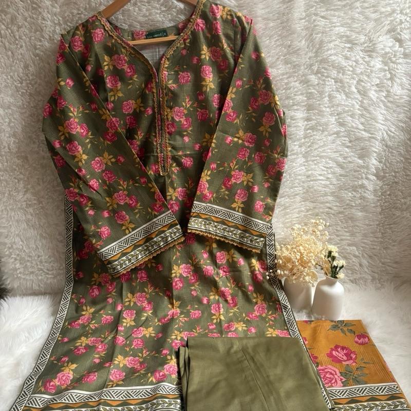 Bin Saeed 3 piece green with pink floral print kameez Asian Elegance Clothes Womenswear
