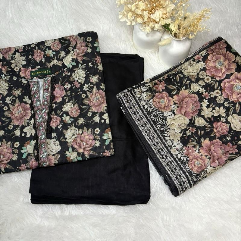 Bin Saeed Black Floral Khaddar Suit - 3 Piece Printed Womenswear Traditional Asian Kameez Trouser Shawl Set