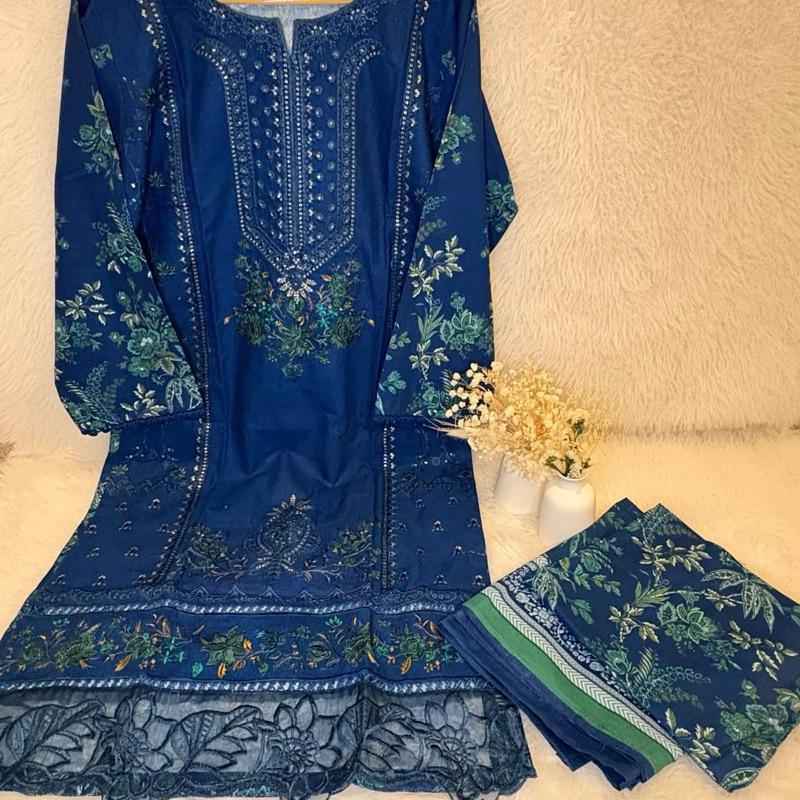 Light Khaddar blue printed with lace and patches  Womenswear Formal Casual