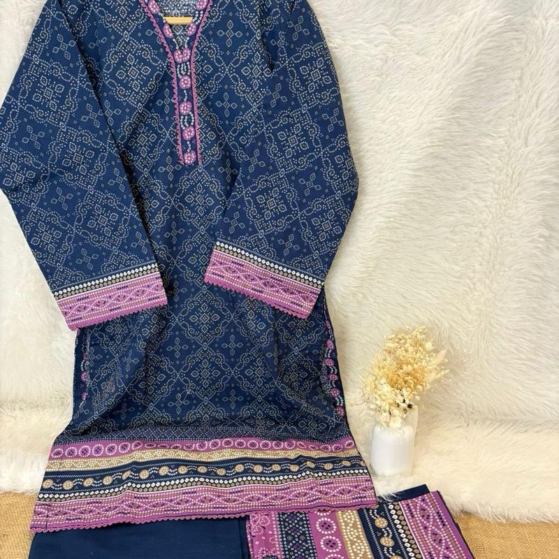 Bin Saeed 3 piece striking blue and pink print khaddar suit Womenswear Traditional  Soft Matching Feminine Everyday Breathable