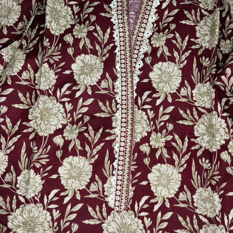 Khaddar Bin Saeed 3 piece black with red floral print  Fabric Print Lace Shawl