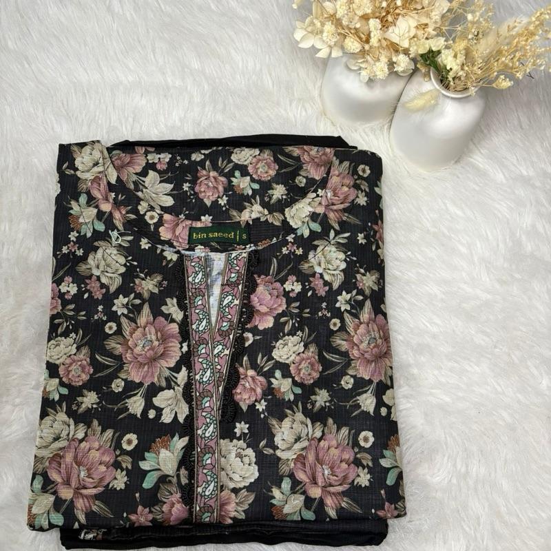 Bin Saeed Black Floral Khaddar Suit - 3 Piece Printed Womenswear Traditional Asian Kameez Trouser Shawl Set