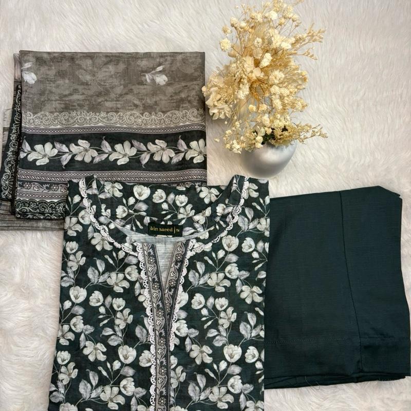Khaddar Bin Saeed 3 piece with green with white lace  Fabric Print Lace Shawl Clothes