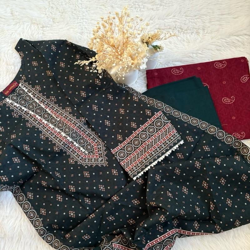 Khaddar Bin Saeed 3 piece green with red  Fabric Print Lace Shawl Womenswear Traditional Clothes