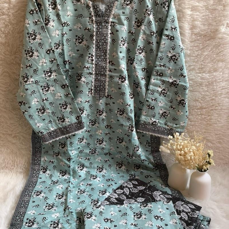 Bin Saeed 3 Piece Soft Khaddar Suit Asian Clothes Elegant Outfit with Matching Flowers Lace Medium Seafoam Green Black White Print Patti on Daman Pallu Pallazzo Shalwaar Matching Shawl