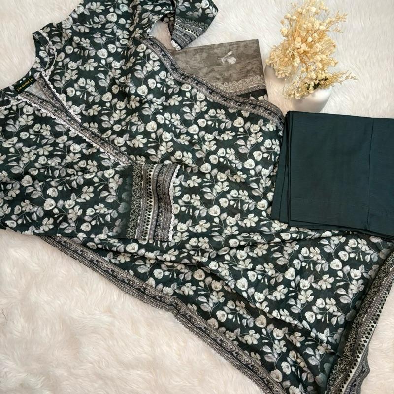 Khaddar Bin Saeed 3 piece with green with white lace  Fabric Print Lace Shawl Clothes