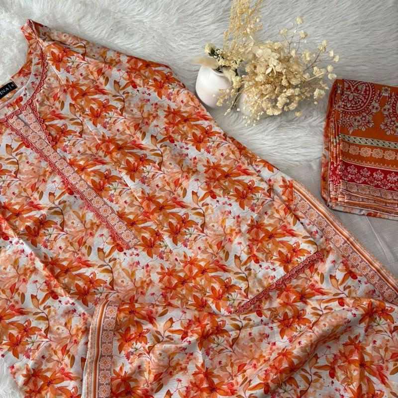 Safina Khaddar 3 Piece Suit with Orange Floral Print Lace Detailing & Patti on Chawk Daman Everyday Women's Wear with Plain Trousers & Printed Shawl Elegant Outfit Style