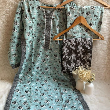 Bin Saeed 3 Piece Soft Khaddar Suit Asian Clothes Elegant Outfit with Matching Flowers Lace Medium Seafoam Green Black White Print Patti on Daman Pallu Pallazzo Shalwaar Matching Shawl