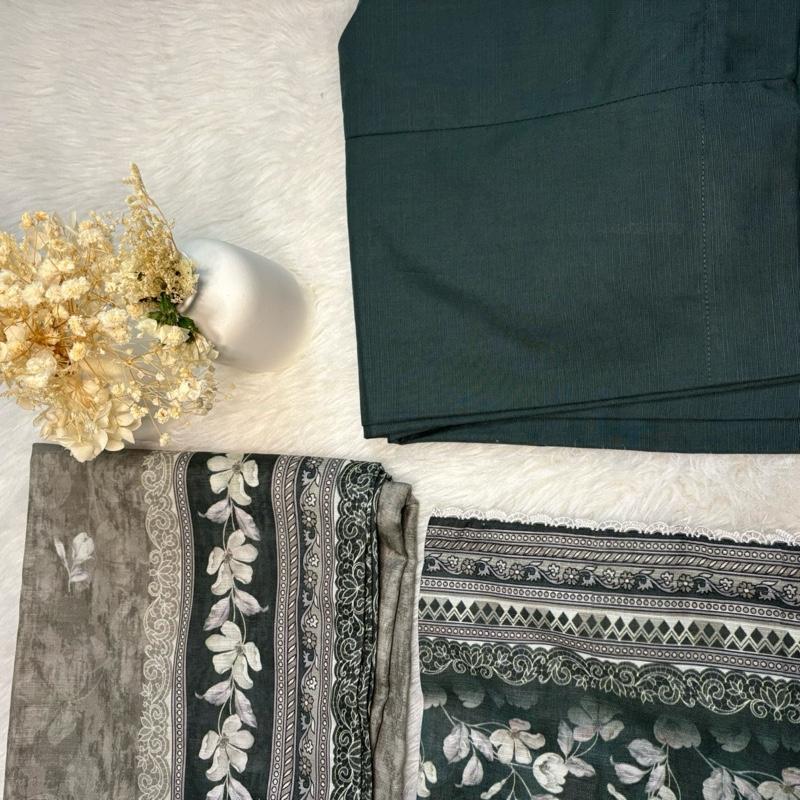 Khaddar Bin Saeed 3 piece with green with white lace  Fabric Print Lace Shawl Clothes