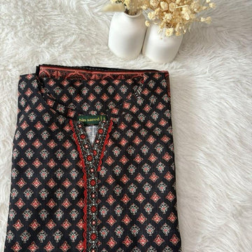 Bin Saeed Black Floral Khaddar Suit - 3 Piece Printed Womenswear Traditional Asian Kameez Trouser Shawl Set with Bell Sleeves & Lace Details for Summer