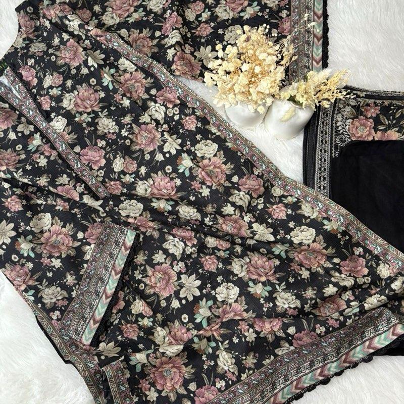 Bin Saeed Black Floral Khaddar Suit - 3 Piece Printed Womenswear Traditional Asian Kameez Trouser Shawl Set