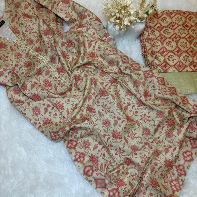 Safina Khaddar 3 Piece Suit Pink Lace Floral Print Everyday Women's Wear with Plain Trousers & Printed Shawl Elegant Outfit Style