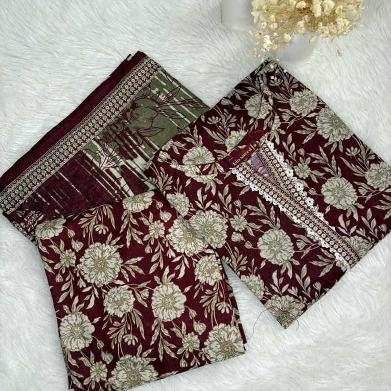 Khaddar Bin Saeed 3 piece black with red floral print  Fabric Print Lace Shawl