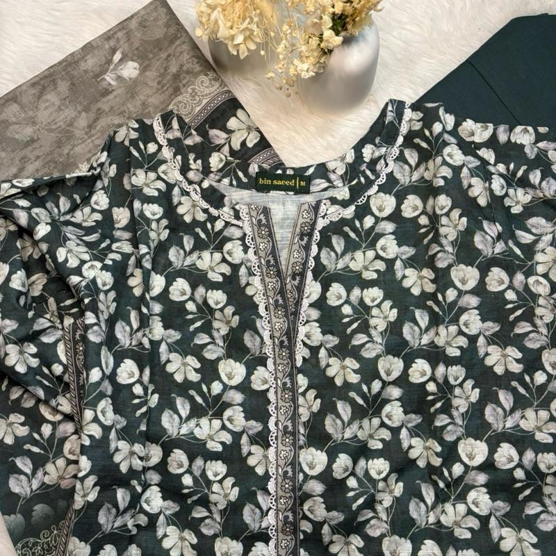 Khaddar Bin Saeed 3 piece with green with white lace  Fabric Print Lace Shawl Clothes