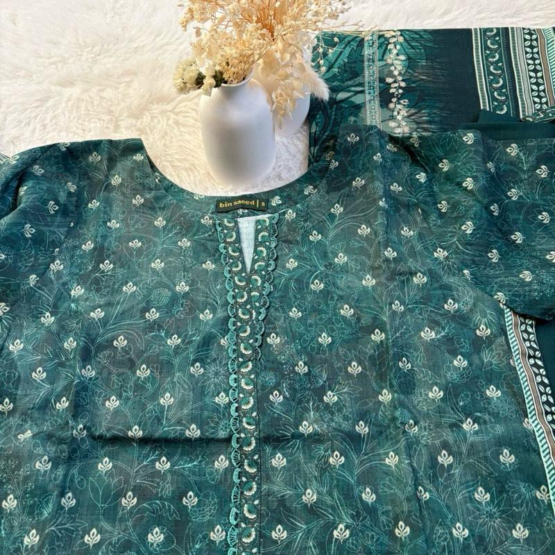 Bin Saeed 3 piece soft bottle green khaddar suit  Asian Clothes Elegant Outfit Matching  Womenswear  Printed