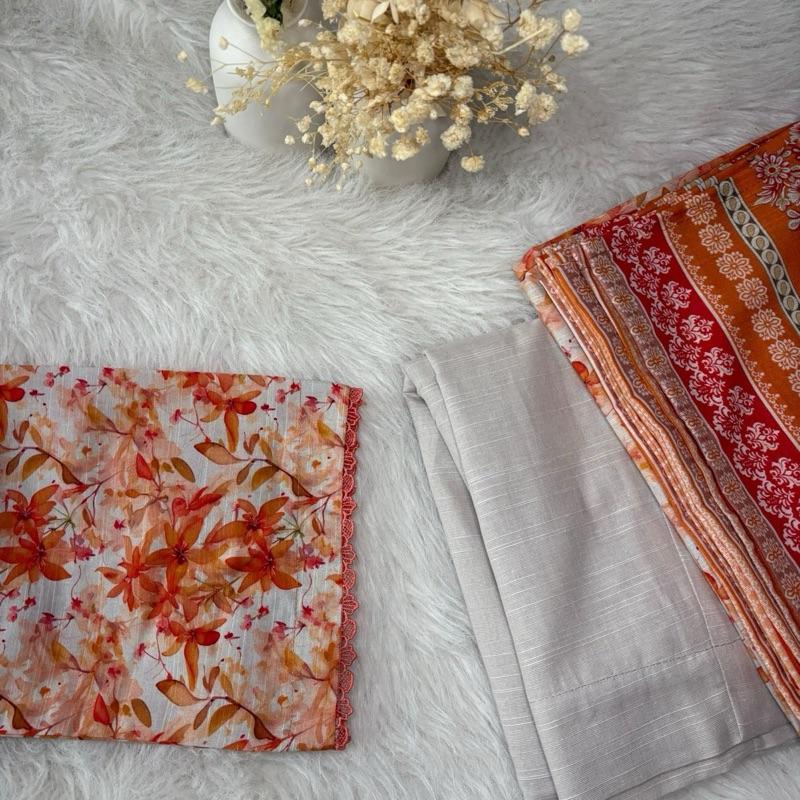 Safina Khaddar 3 Piece Suit with Orange Floral Print Lace Detailing & Patti on Chawk Daman Everyday Women's Wear with Plain Trousers & Printed Shawl Elegant Outfit Style