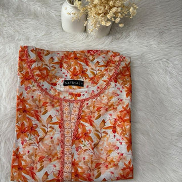 Safina Khaddar 3 Piece Suit with Orange Floral Print Lace Detailing & Patti on Chawk Daman Everyday Women's Wear with Plain Trousers & Printed Shawl Elegant Outfit Style