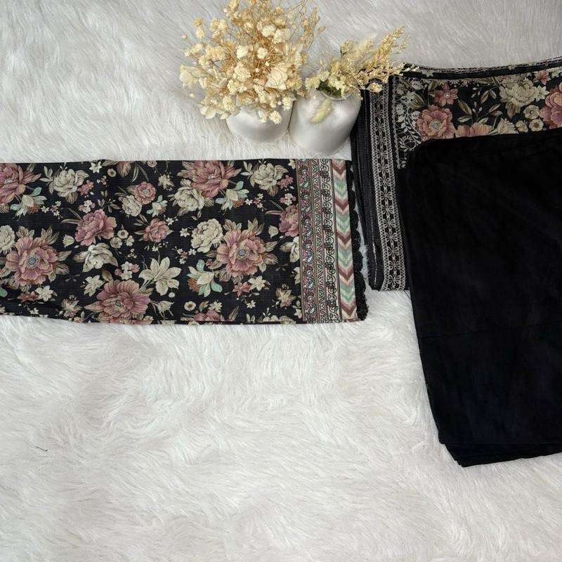 Bin Saeed Black Floral Khaddar Suit - 3 Piece Printed Womenswear Traditional Asian Kameez Trouser Shawl Set