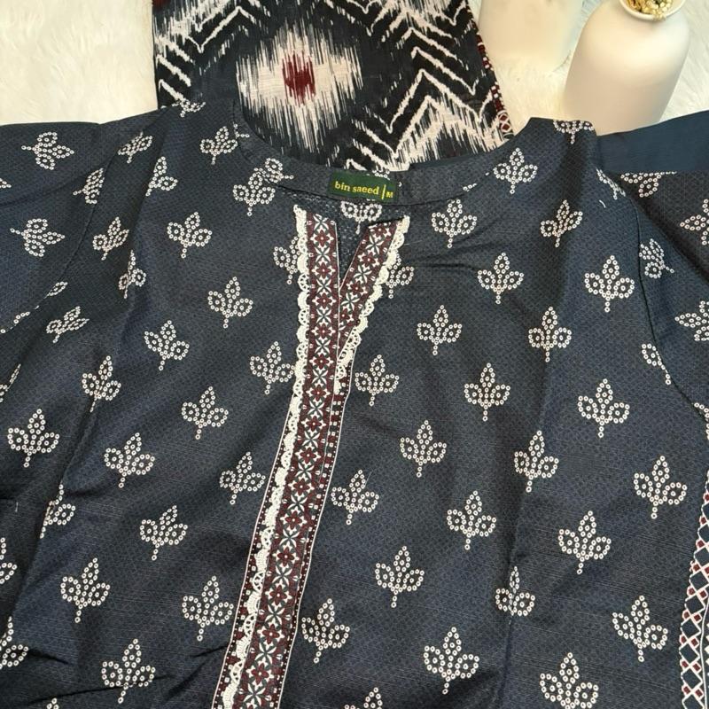 Khaddar Bin Saeed 3 piecewith white lace  Fabric Print Lace Shawl Clothes