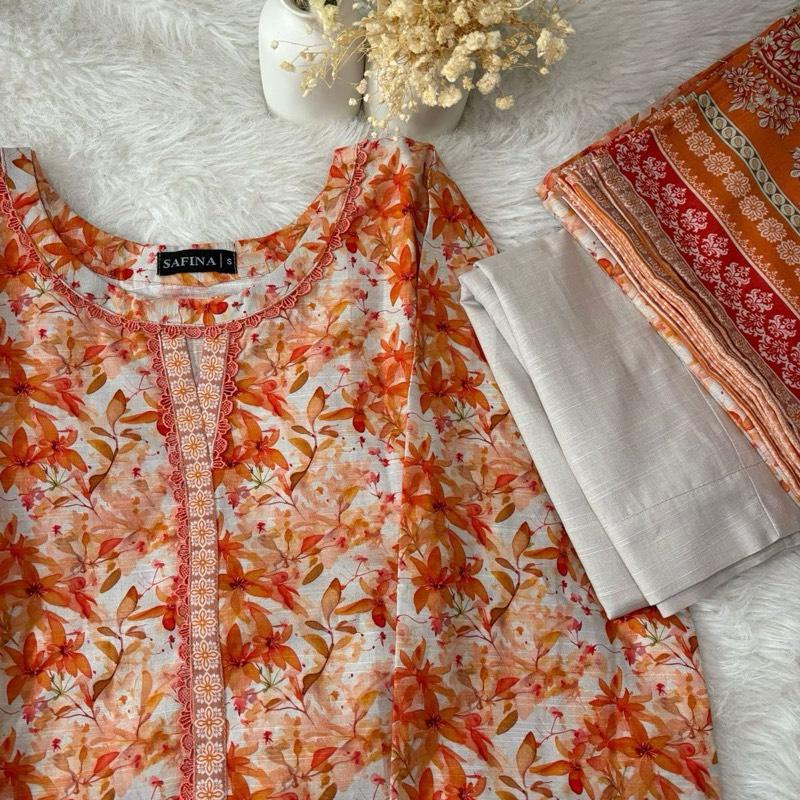 Safina Khaddar 3 Piece Suit with Orange Floral Print Lace Detailing & Patti on Chawk Daman Everyday Women's Wear with Plain Trousers & Printed Shawl Elegant Outfit Style