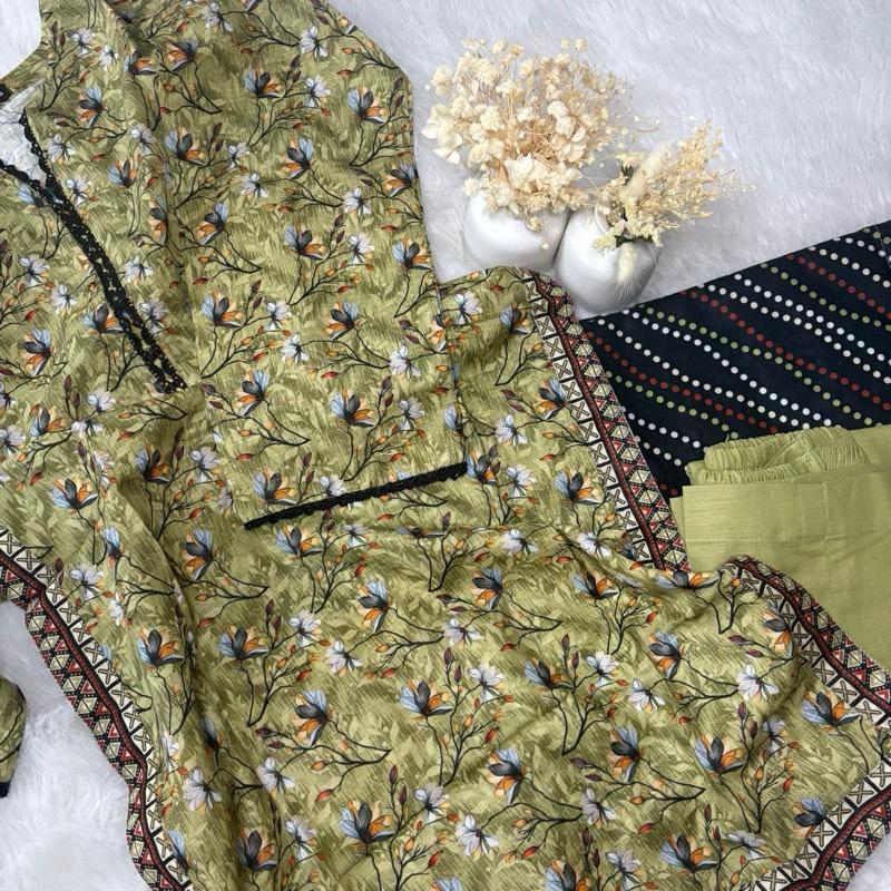 Safina Khaddar 3 Piece Suit Light Green with Black Lace - Printed Kameez, Plain Trousers & Printed Shawl for Everyday Wear