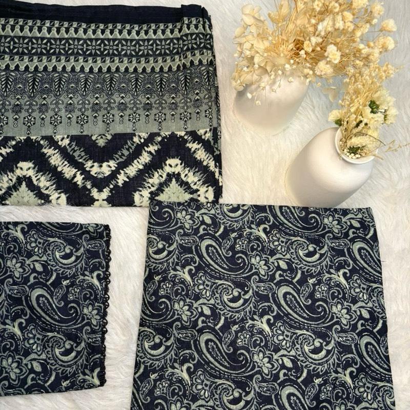 Khaddar Bin Saeed 3 piece navy print  Fabric Print Lace Shawl  Suit Asian Womenswear