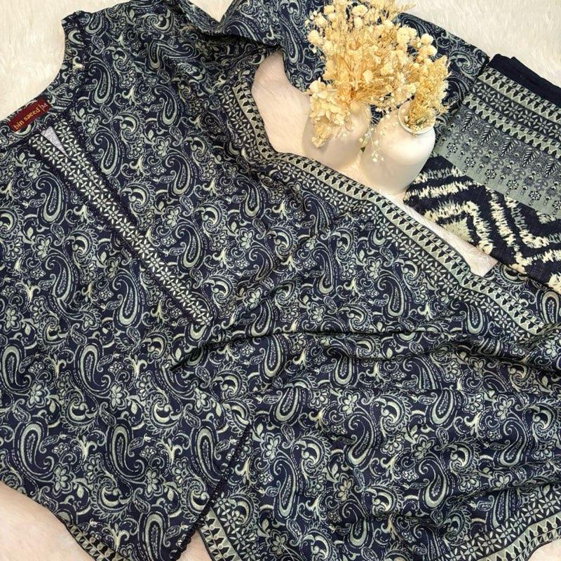 Khaddar Bin Saeed 3 piece navy print  Fabric Print Lace Shawl  Suit Asian Womenswear