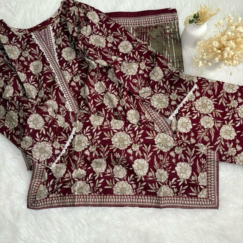 Khaddar Bin Saeed 3 piece black with red floral print  Fabric Print Lace Shawl