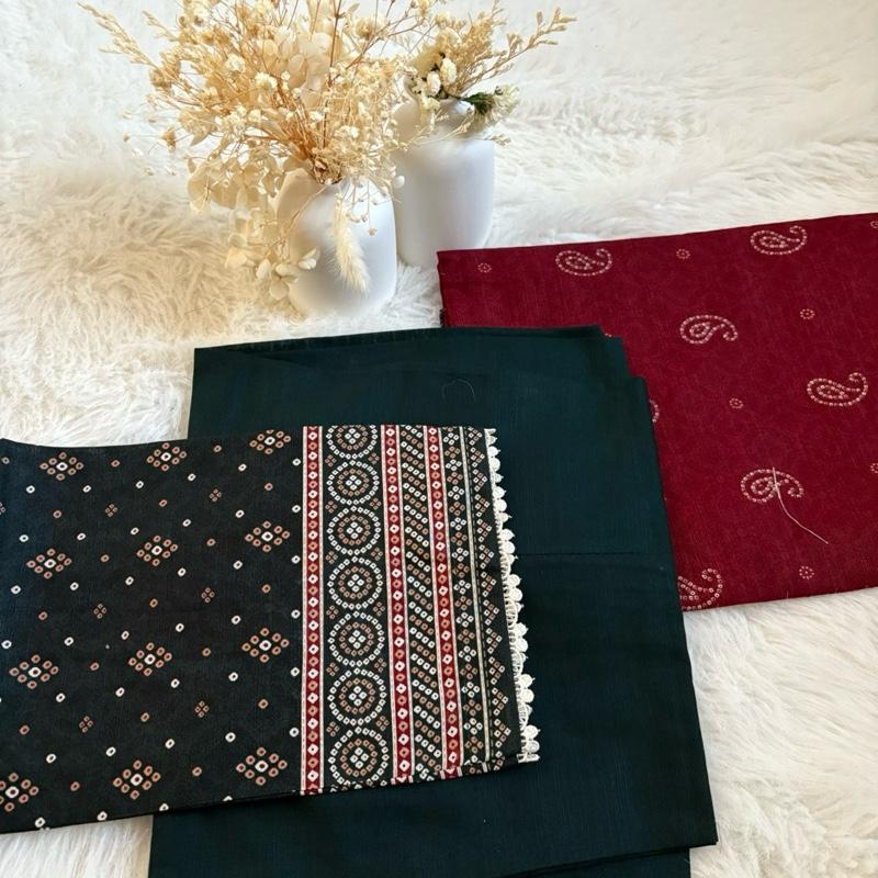 Khaddar Bin Saeed 3 piece green with red  Fabric Print Lace Shawl Womenswear Traditional Clothes